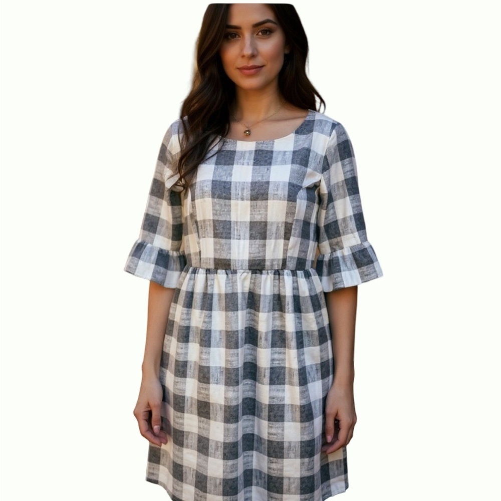 Sweet Salt Gray White Buffalo Plaid Dress Ruffle Sleeve Modest Cottagecore M